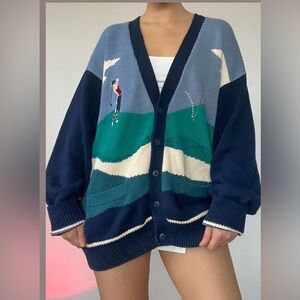 Chic Navy Blue Golf-Themed Women's Cardigan